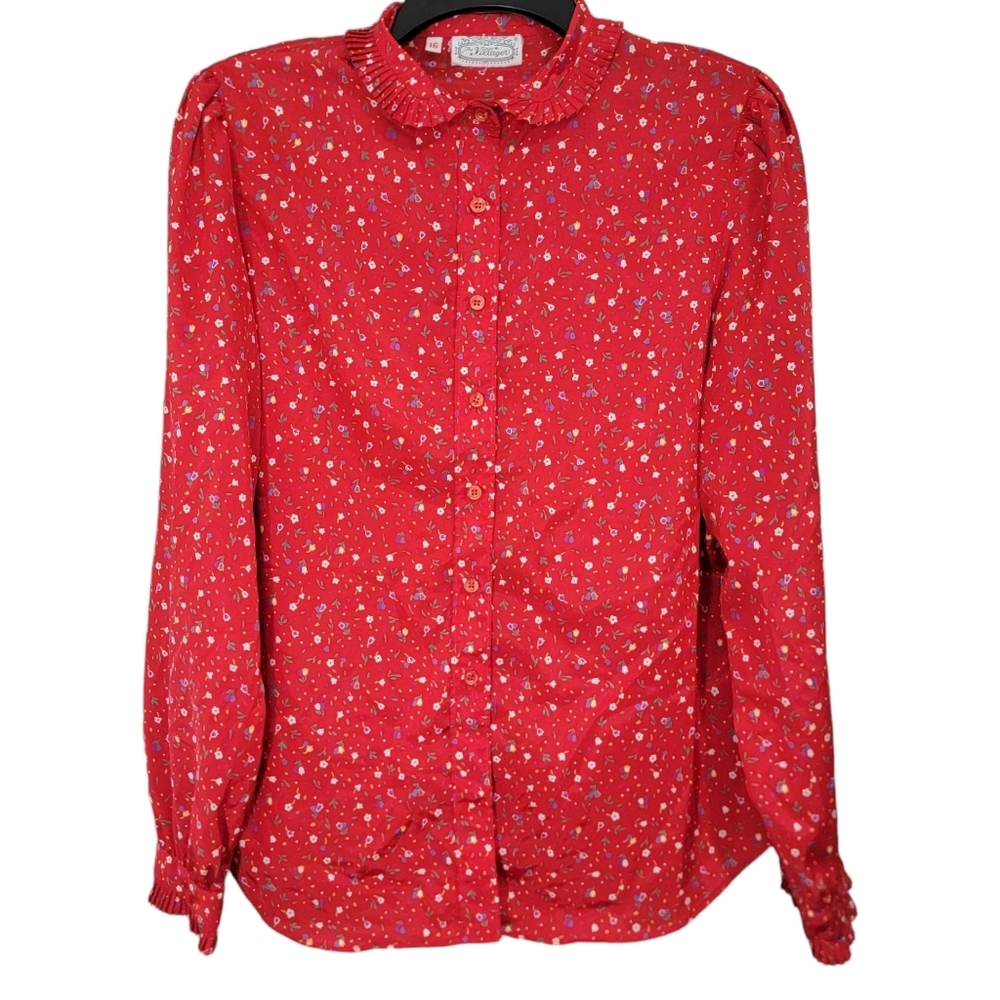 The Villager VTG Red Mini Floral Print Button Down Long Sleeve Women's Size 16